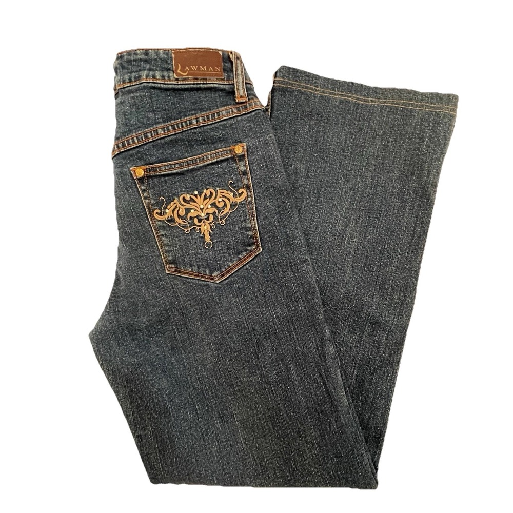 Vintage 90s Lawman Women's Wide-Leg Jeans – Gold Scroll, Size 7/8, Western Y2K
